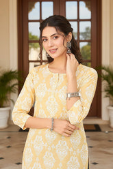 yellow cotton blend ethnic motifs printed regular top