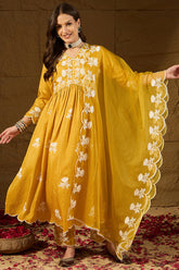 yellow silk blend solid embroidered a line kurta trouser with dupatta