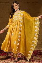 yellow silk blend solid embroidered a line kurta trouser with dupatta