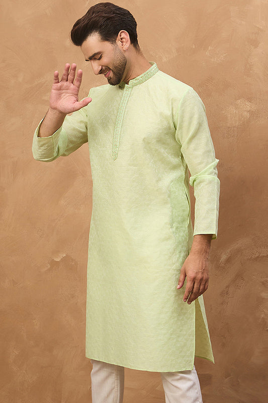 Green Silk Blend Solid Embroidered Straight Kurta MKU1451