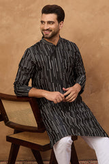 black silk blend geometric printed straight kurta