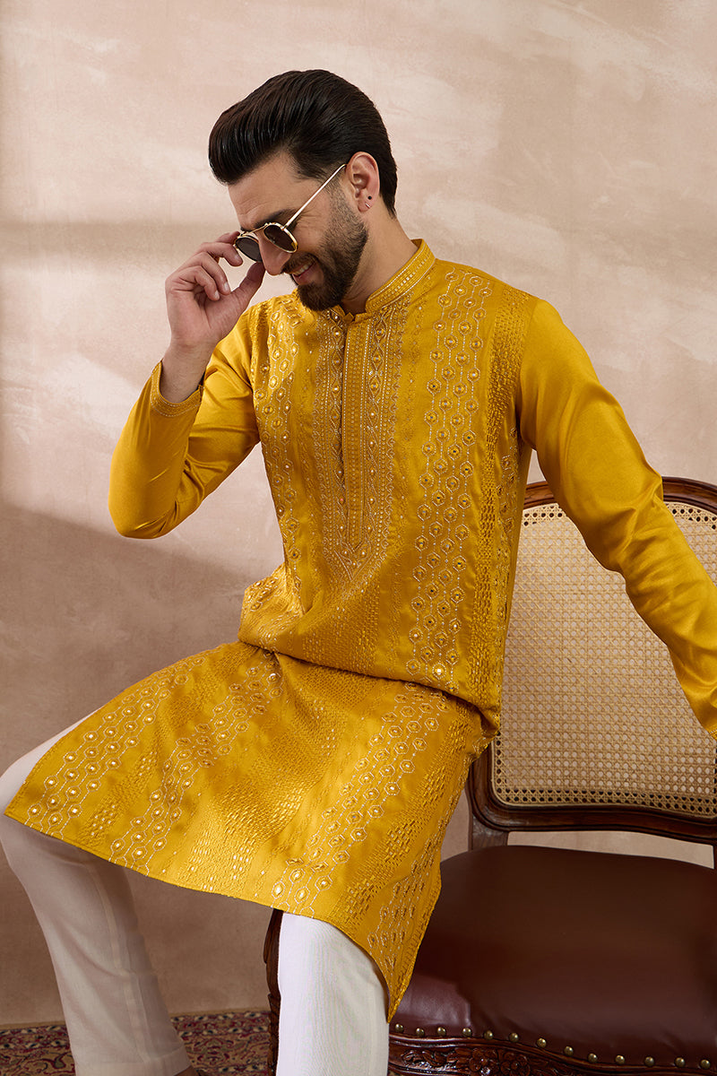 Mustard Silk Blend Embroidered Mandarin Collar Straight Kurta With Trouser