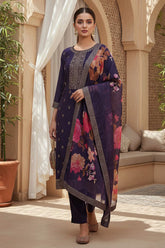 purple silk blend ethnic motifs stoning straight kurta trouser with dupatta