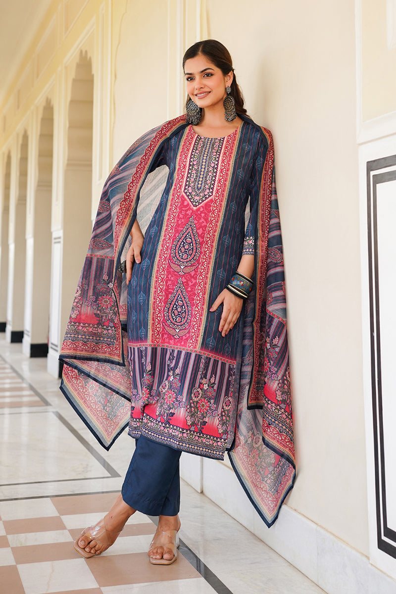 blue rayon blend ethnic motifs printed straight kurta trouser with dupatta