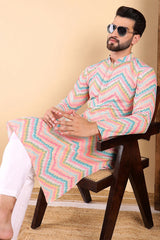 teal viscose rayon chevron embroidered straight kurta for men