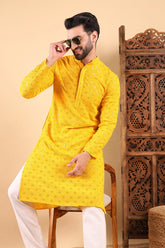 yellow viscose rayon solid embroidered straight kurta for men