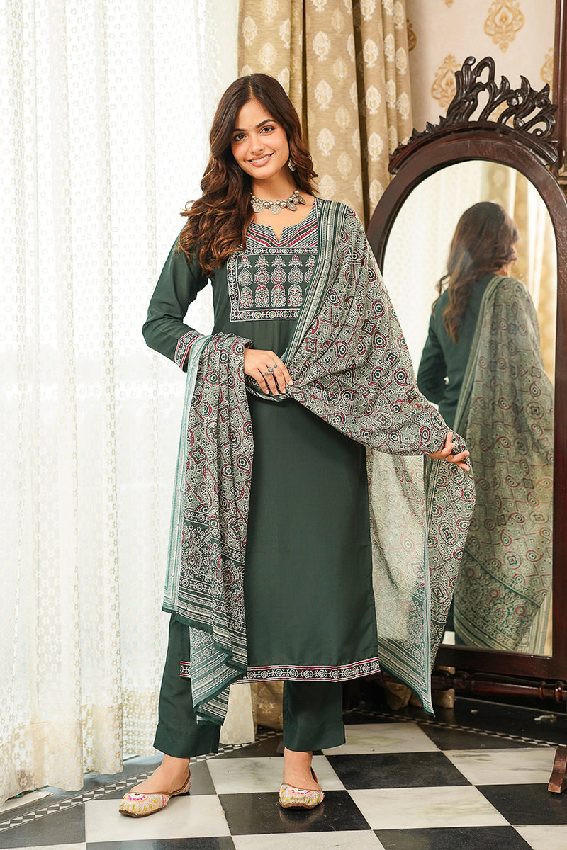 green rayon blend ajrakh printed straight kurta trousers with dupatta