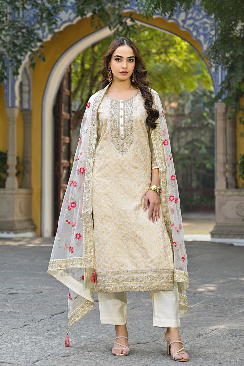 off white silk blend solid embroidered straight kurta trousers with dupatta