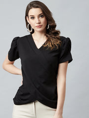 athena black wrap top with puffed sleeves