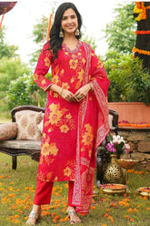 red viscose rayon floral embroidered straight kurta trousers with dupatta