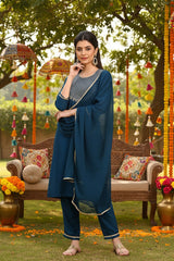 silk blend teal embroidered straight kurta pant with dupatta