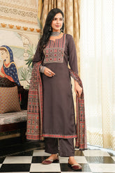 black rayon blend ajrakh printed straight kurta trousers with dupatta
