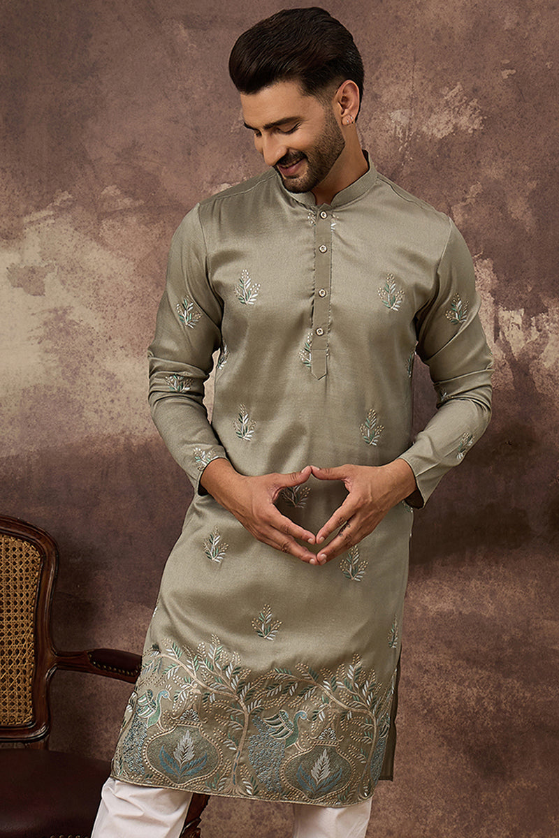 green silk blend solid embroidered straight kurta with trouser