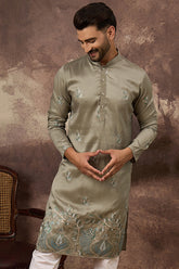 green silk blend solid embroidered straight kurta with trouser