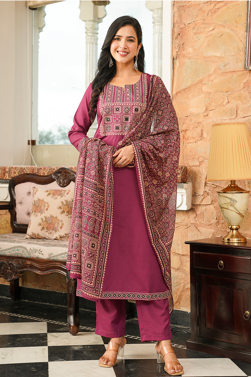 purple rayon blend ajrakh printed straight kurta trousers with dupatta
