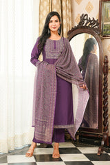 purple rayon blend ajrakh printed straight kurta trousers with dupatta