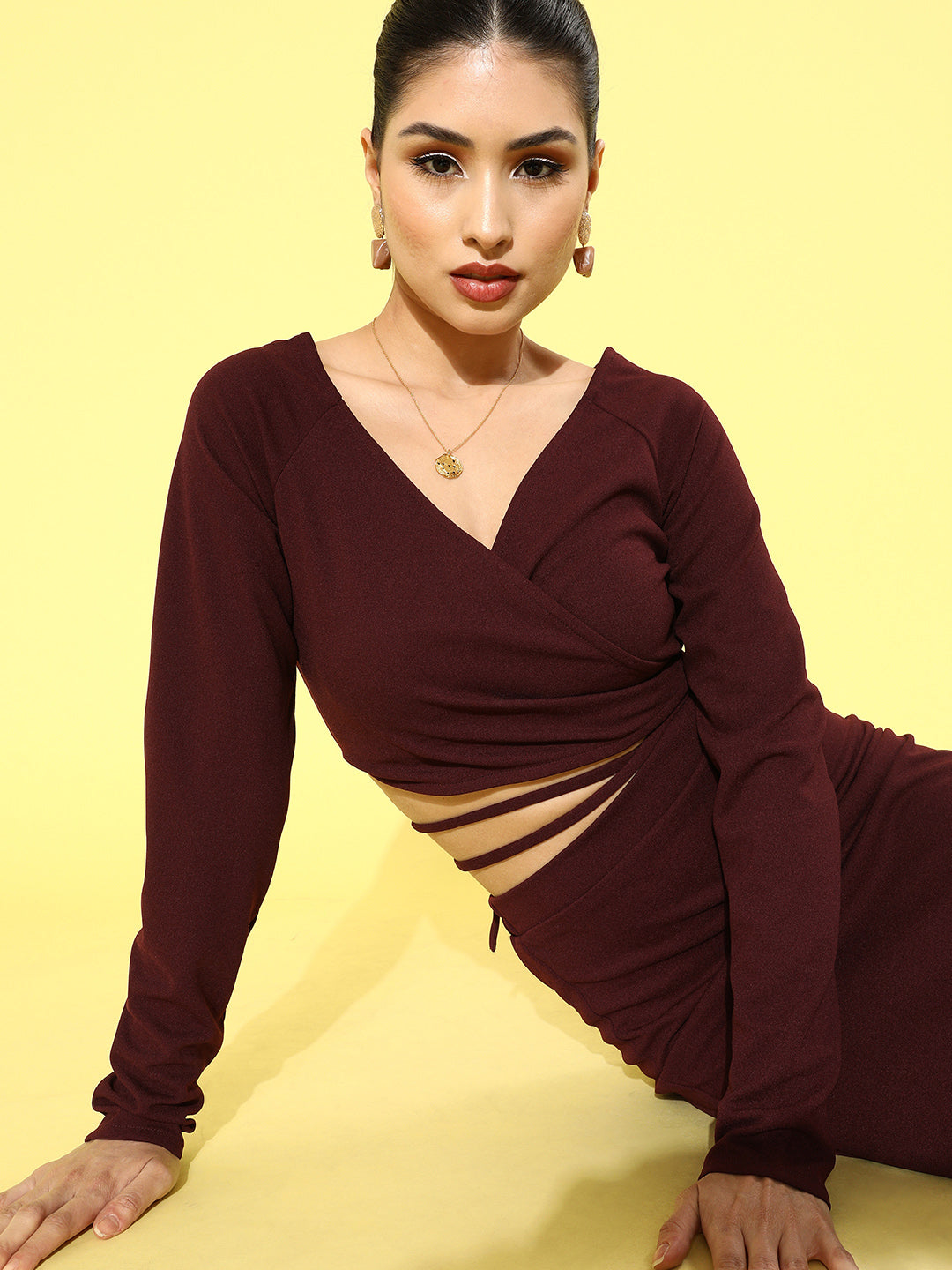 athena maroon crop wrap waist tie up top