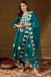 teal silk blend solid embroidered a line kurta trouser with dupatta