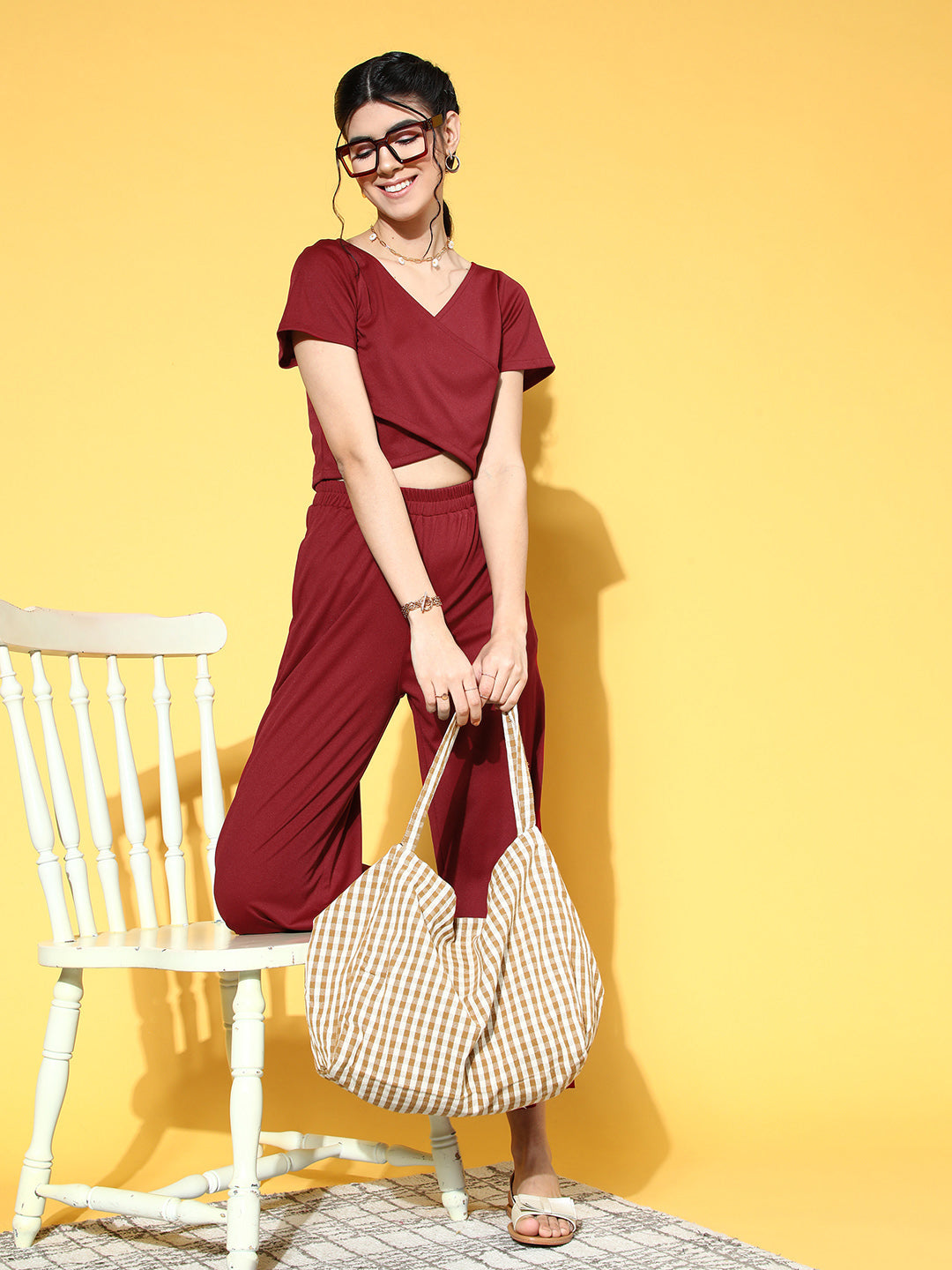 athena women charming maroon solid top with palazzos