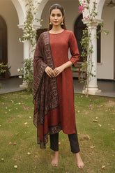maroon rayon blend geometric printed straight kurta trousers with dupatta