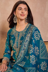 blue rayon blend floral printed straight kurta trouser with dupatta