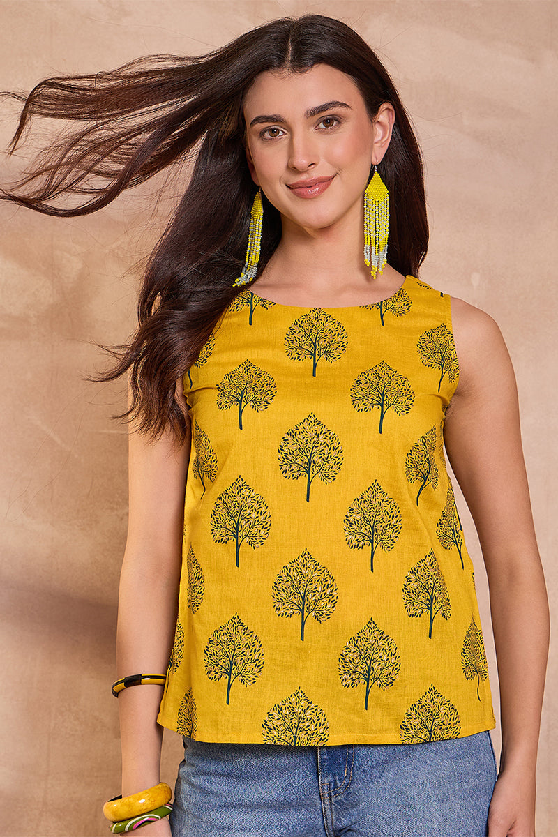 yellow cotton blend floral printed top