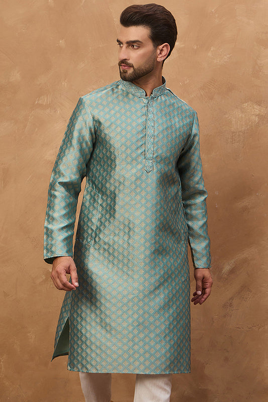 Blue Silk Blend Solid Woven Design Straight Kurta MKU1457
