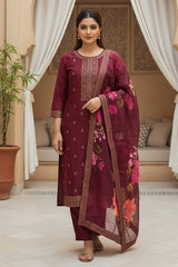 maroon silk blend ethnic motifs stoning straight kurta trouser with dupatta