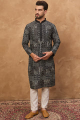 black silk blend geometric printed straight kurta