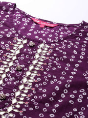 Varanga - Purple And White Bandhani Printed Kurta Gota Embroidery Round Neckline 3/4Th Sleeves Embroidered Buttons Detail"
