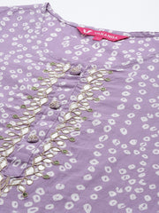 Varanga - Lavender Bandhani Print Embroidered Kurta Has Round Neck