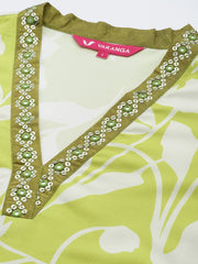 Varanga - Women Lime Green Floral Printed Kurta With V-Neck And Three Quarter Bell Sleeves