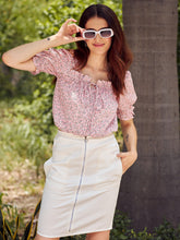 athena women peach coloured floral printed tie up neck top