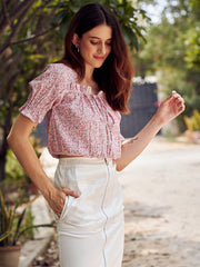 athena women peach coloured floral printed tie up neck top