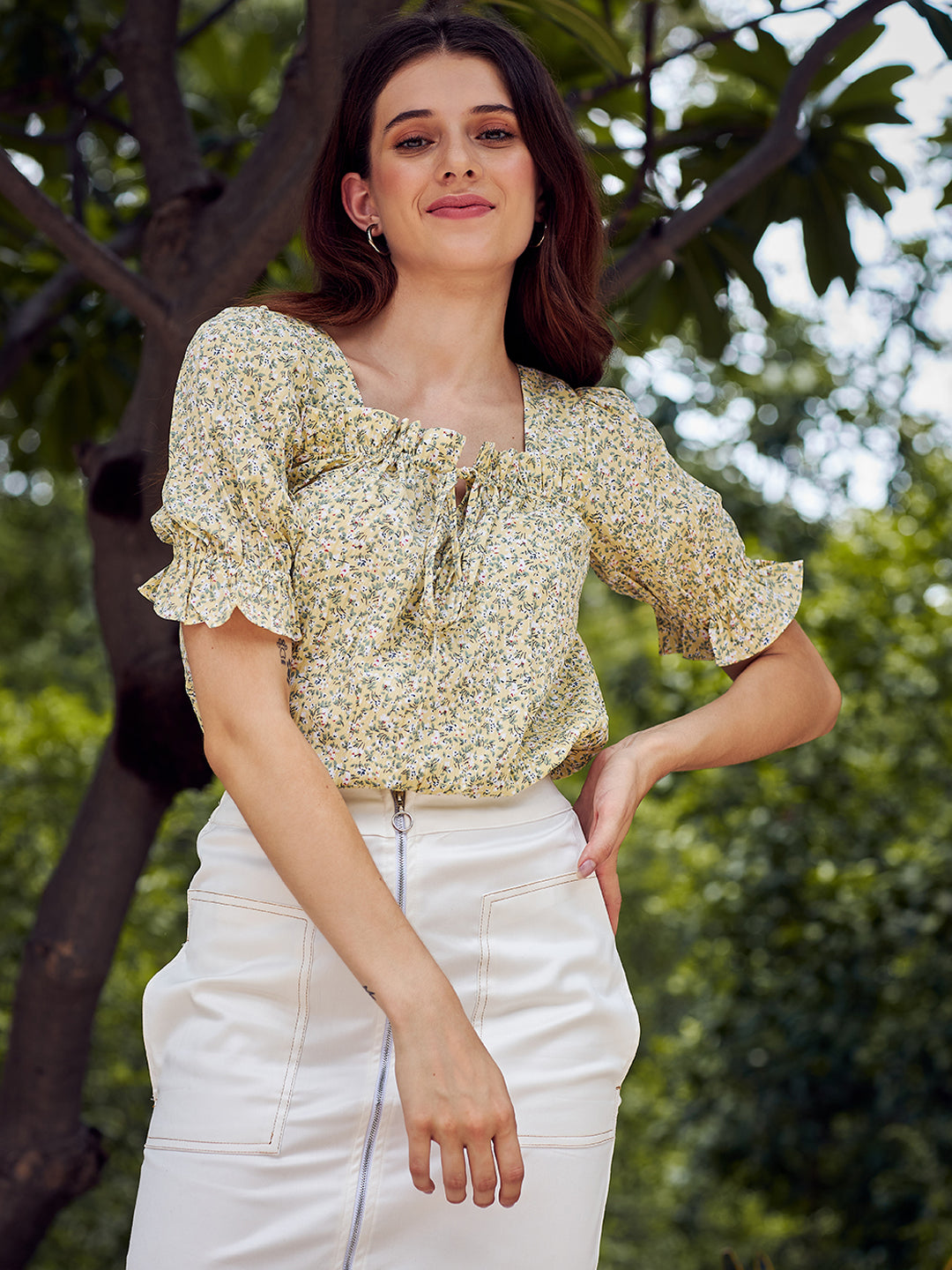 athena women yellow floral print blouson top