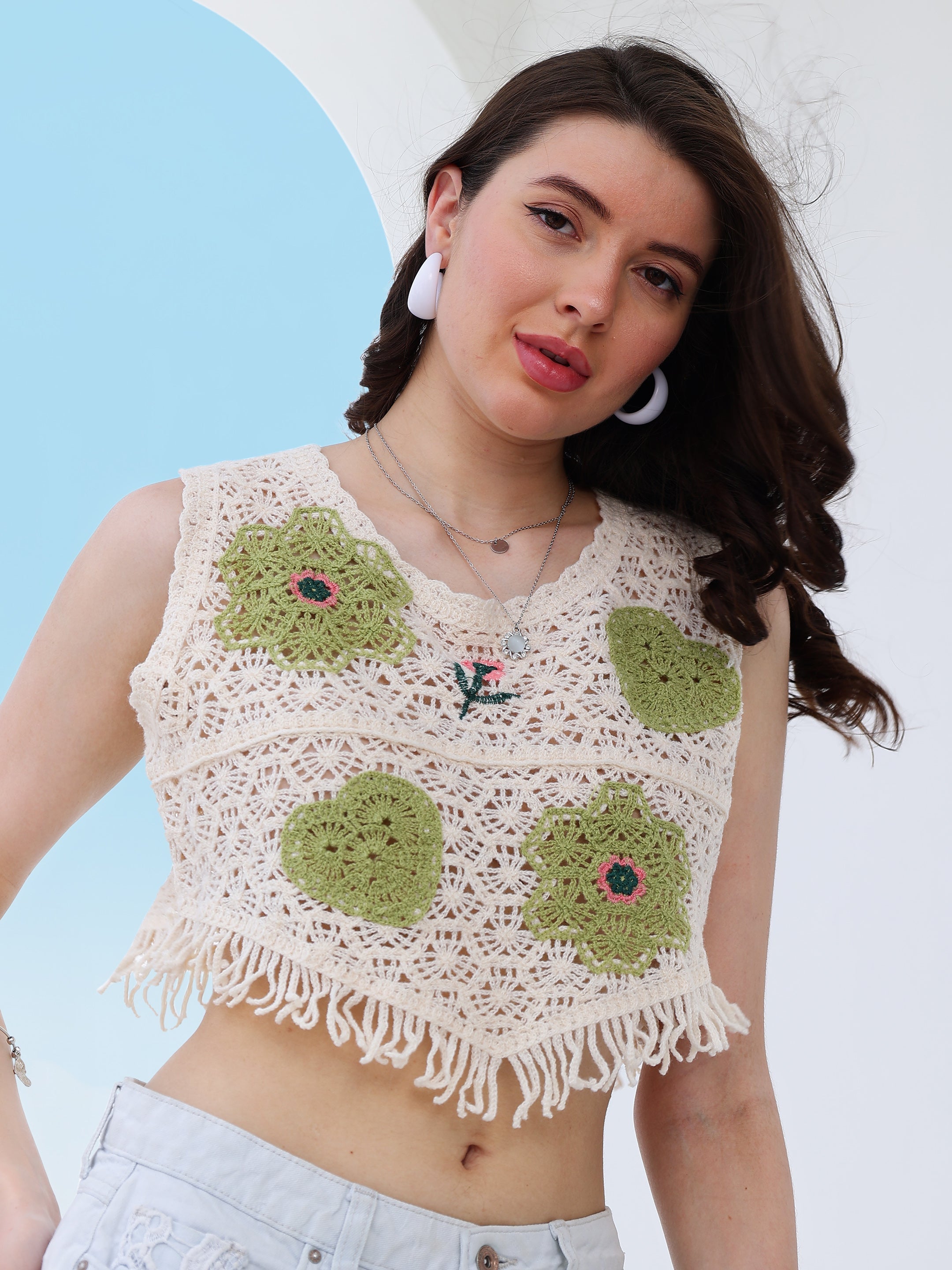 self design fringed crochet cotton top 1