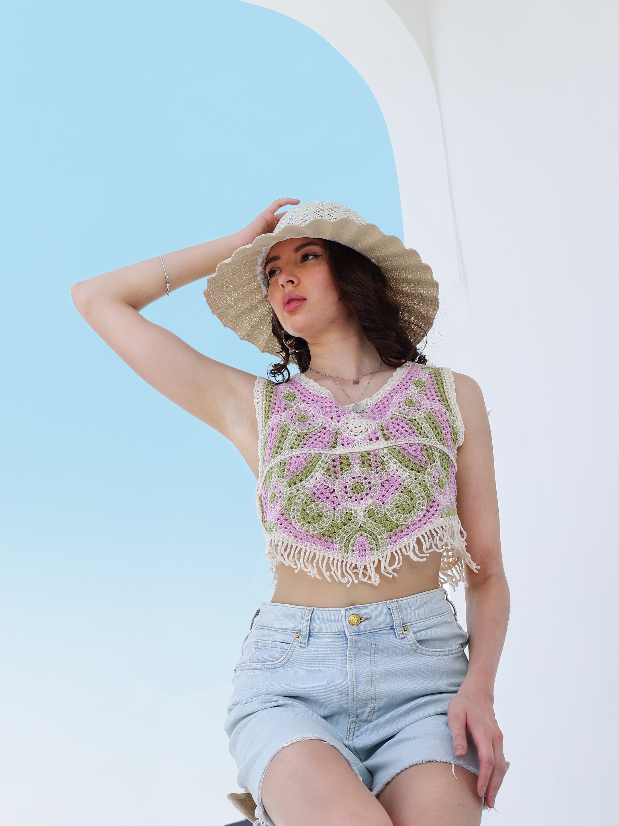 self design fringed crochet cotton top 4