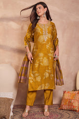 mustard silk blend floral printed straight kurta trouser with dupatta