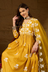 yellow silk blend solid embroidered a line kurta trouser with dupatta