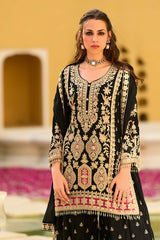 black chinon chiffon embroidered straight kurta sharara with dupatta