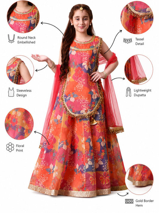 Indi Loom Couture Girls Multi Floral Printed Lehenga Choli with Net Dupatta ILLCD46