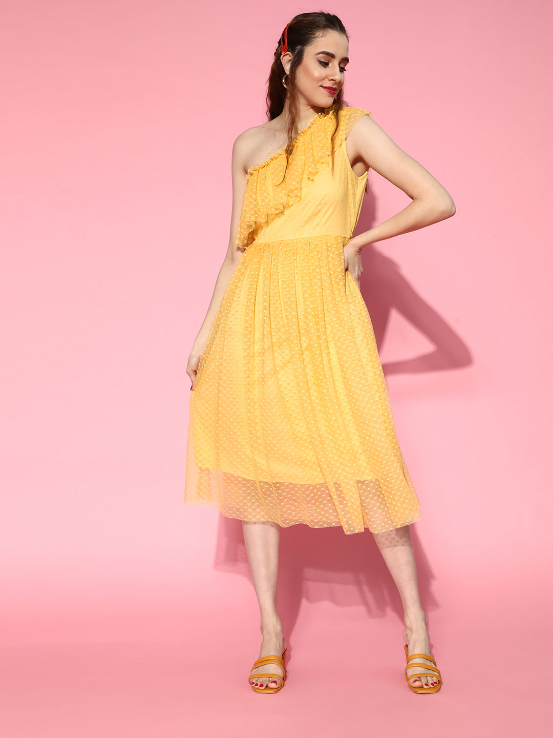 athena lemon one shoulder frill dobby tulle dress