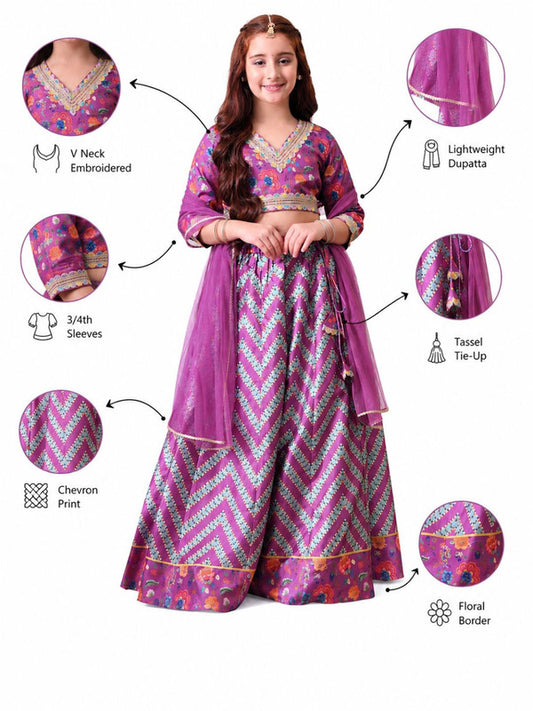 Indi Loom Couture Girls Purple Printed Lehenga Choli with Dupatta ILLCD31