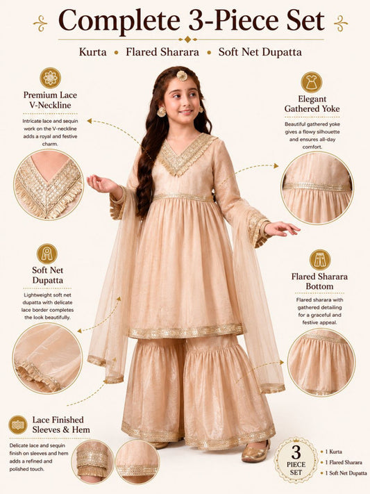 Indi Loom Couture Girls Beige Embellished Kurta with Sharara & Dupatta Set ILKSD71