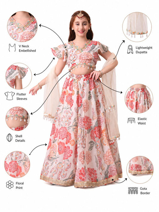 Indi Loom Couture Girls Off White Floral Printed Lehenga Choli with Dupatta ILLCD32