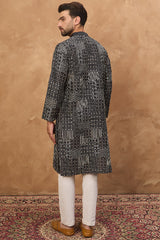 black silk blend geometric printed straight kurta