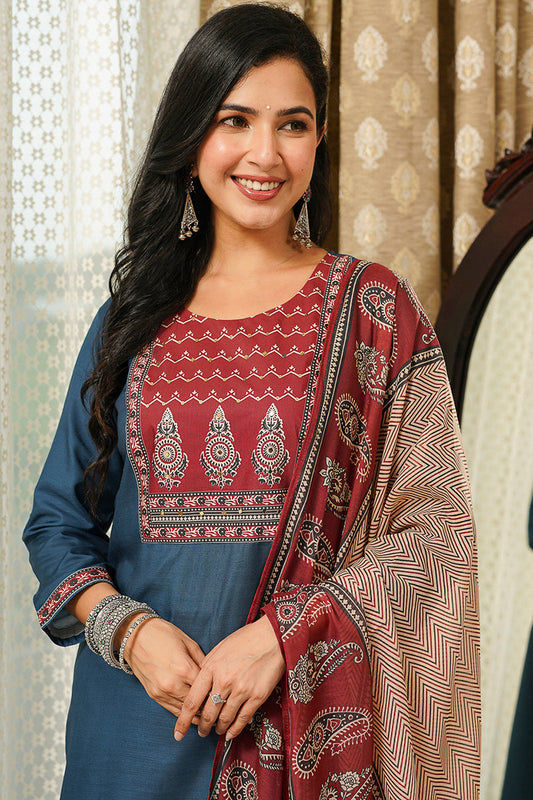 blue rayon blend ajrakh printed straight kurta trousers with dupatta