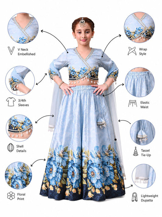 Indi Loom Couture Girls Sky Blue Floral Printed Lehenga Choli with Net Dupatta ILLCD36