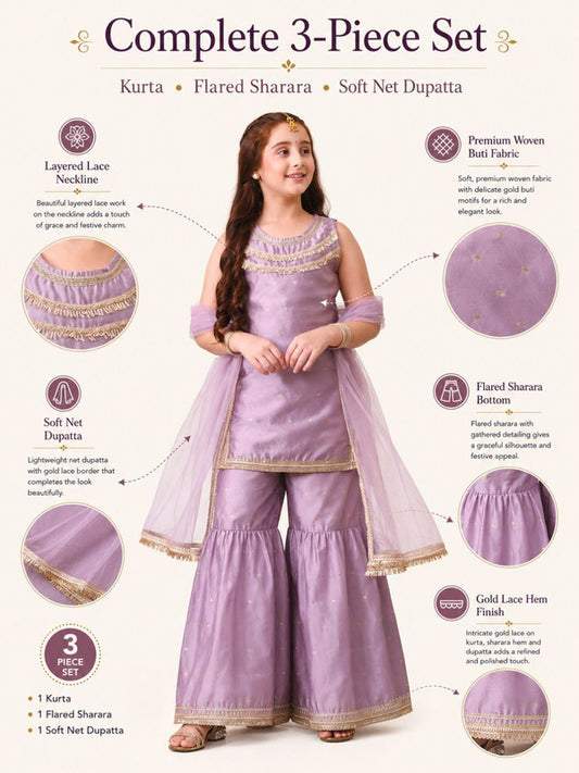 Indi Loom Couture Girls Lavender Embellished Kurta with Sharara & Dupatta Set ILKSD58