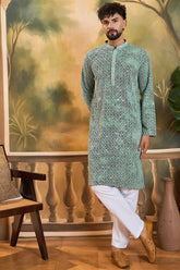 green viscose rayon shibori embroidered straight kurta with trouser